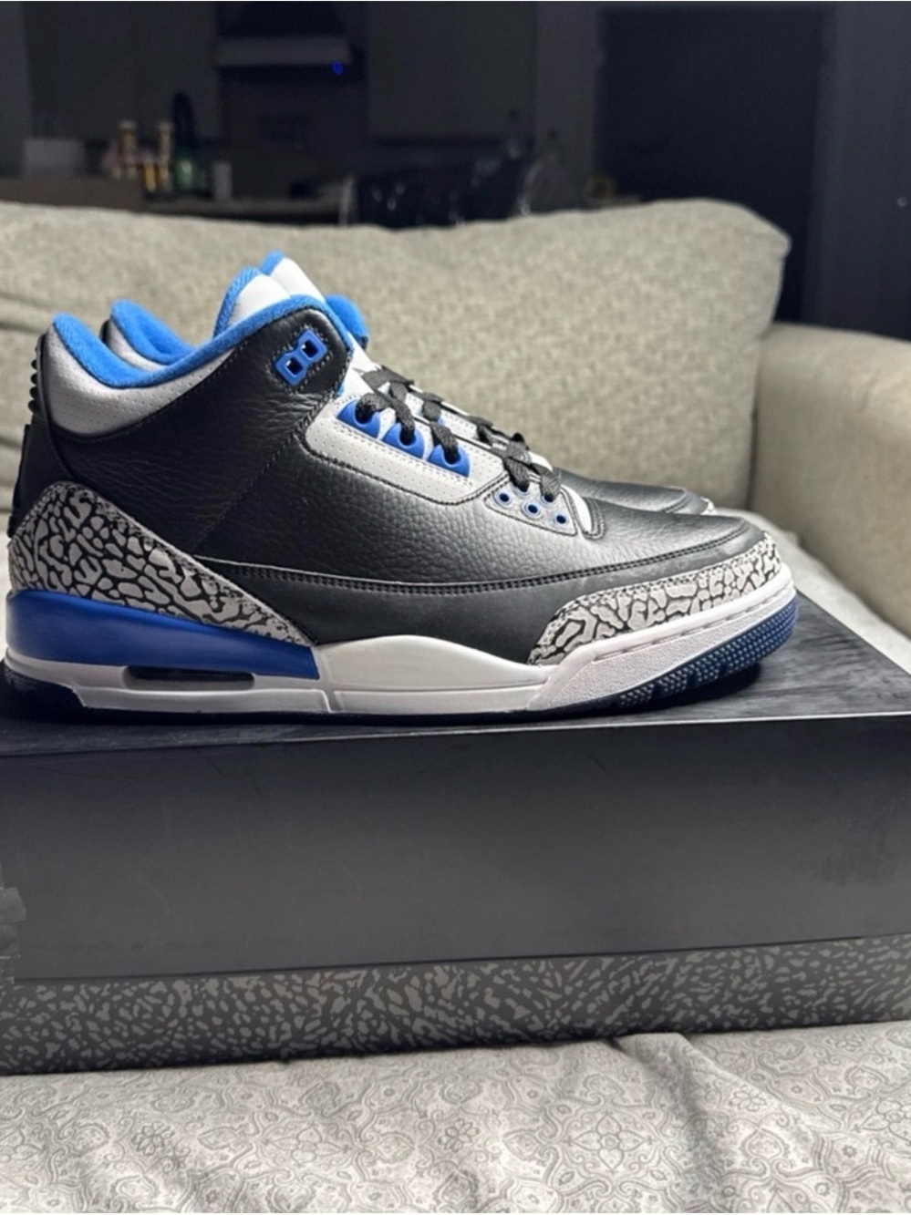 Jordan Retro Low Top Sneakers in Black, Royal Blue and Grey Elephant Print